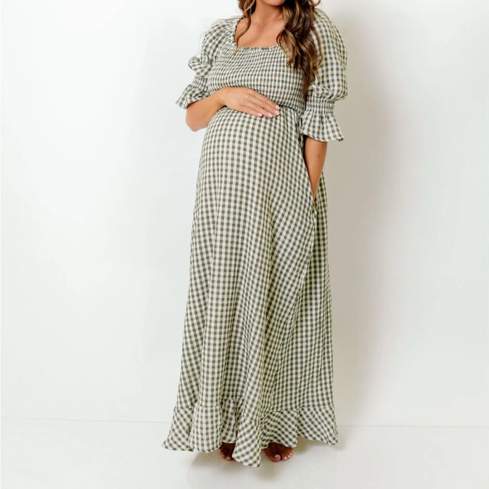 Sienna 100% Cotton Puff Sleeve Maxi Dress in Forest Plaid - Bump Friendly